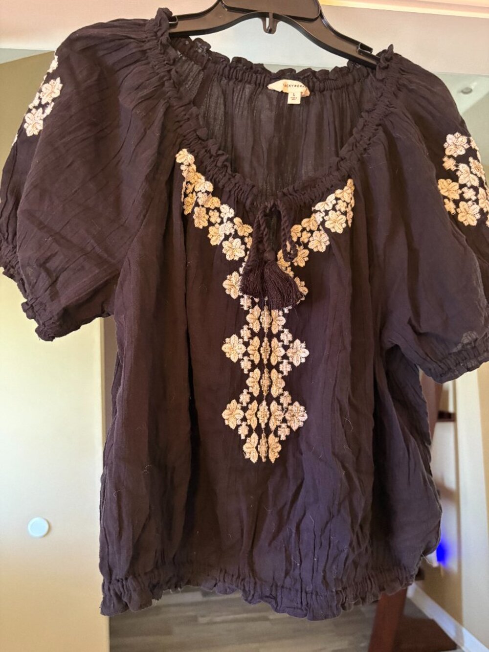 Lucky Brand Gauze Peasant Blouse - Black with white and silve embroidery - Lg